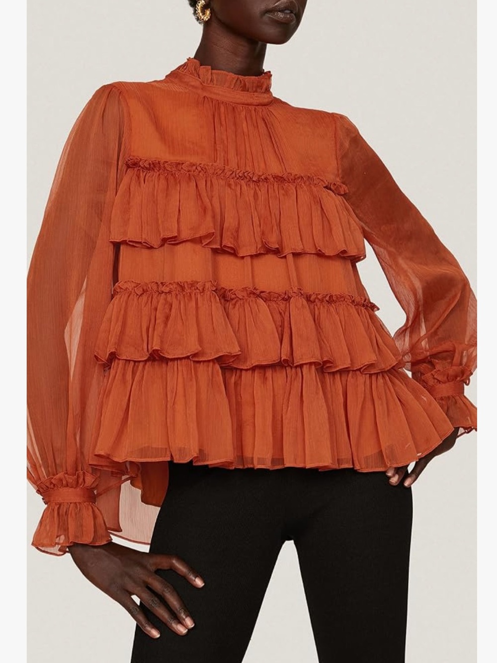 Adam Lippes Tiered Orange Ruffle Long Sleeve Mock Neck Chiffon Boho Top Size 6